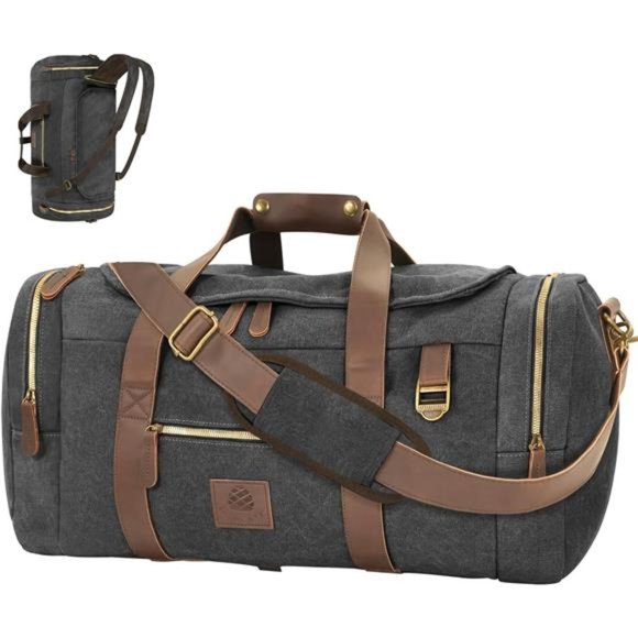 Vintage Canvas Duffle Bag, 50L Genuine Leather Travel Duffel Backpack